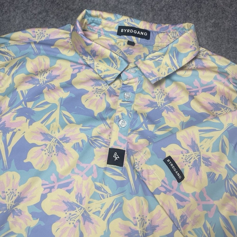 BYRD GANG Polo Shirt Sz M Pastel Petals Floral Short Sleeve Golf Stretch